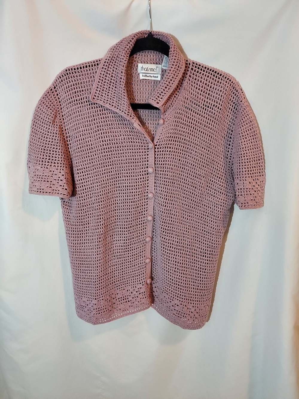VTG That’s Me Hand Crochet Button Up Knit Polo Cardigan Shirt Dusty Pink M